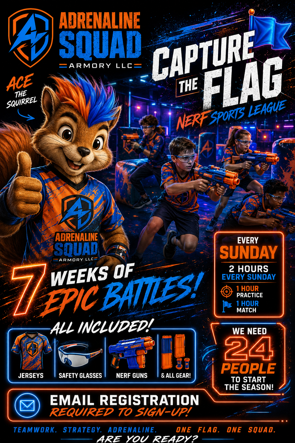 Adrenaline Squad Armory Capture the Flag Nerf Sports League flyer